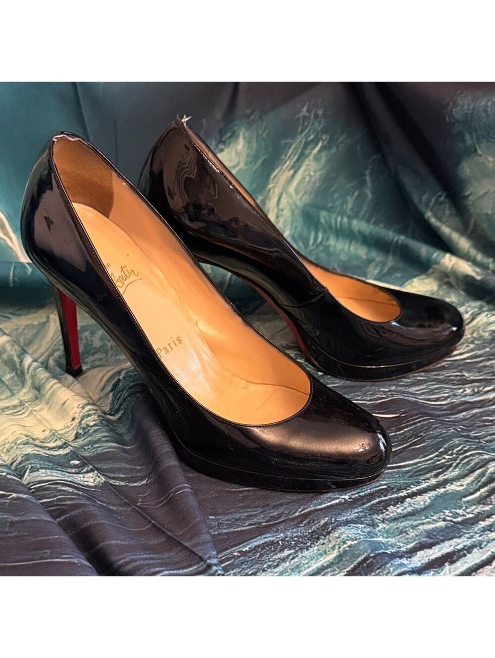 Authentic Christian Louboutin Black Patent Round Toe Pumps with Red Bottom